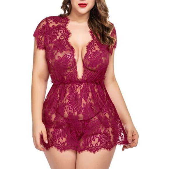 Eyelash Lace Babydoll Deep V Nightwear Mesh Sheer - Picture 3 of 6